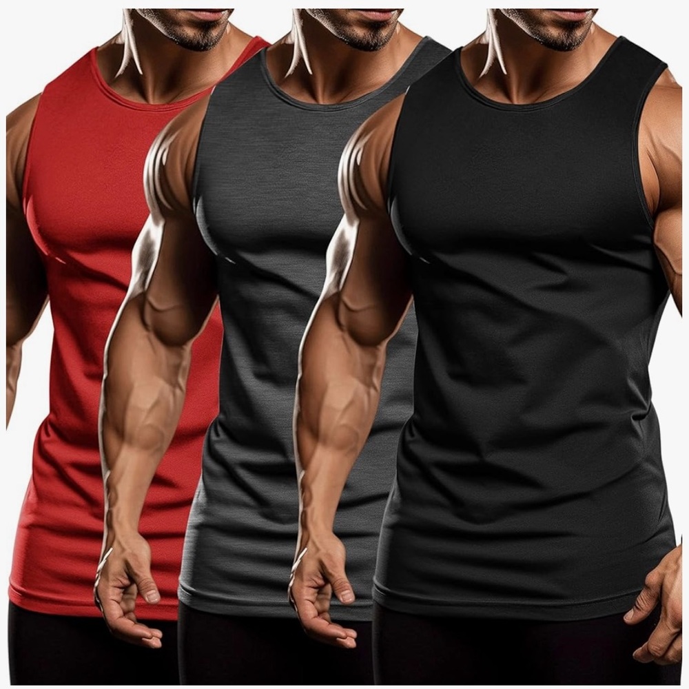 NWT Coofandy Men’s Workout Tank Tops 3-Pack Sleveless Red/Dark Gray/Black Medium